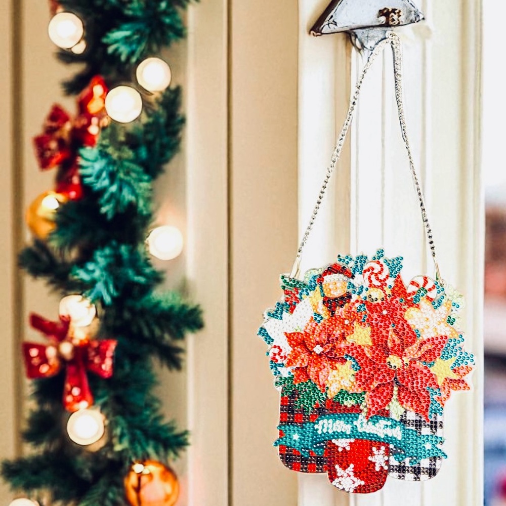 Poinsettia Hanging Sign Merry Christmas Hand Crafted Sealed Diamond Art Decor 7”